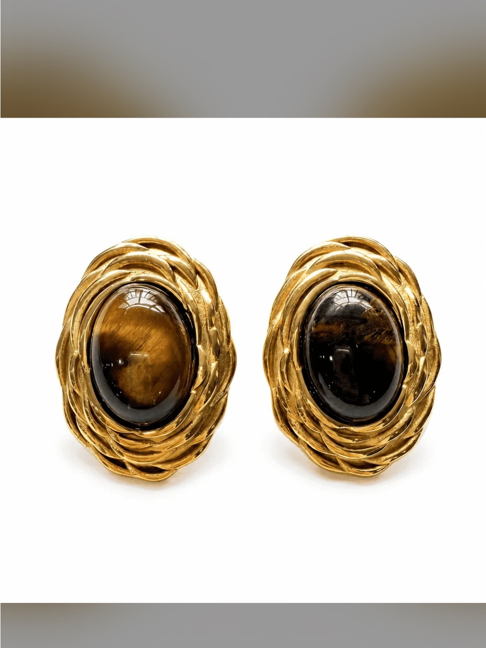 Gold-Tone Tiger Eye Oval Earrings